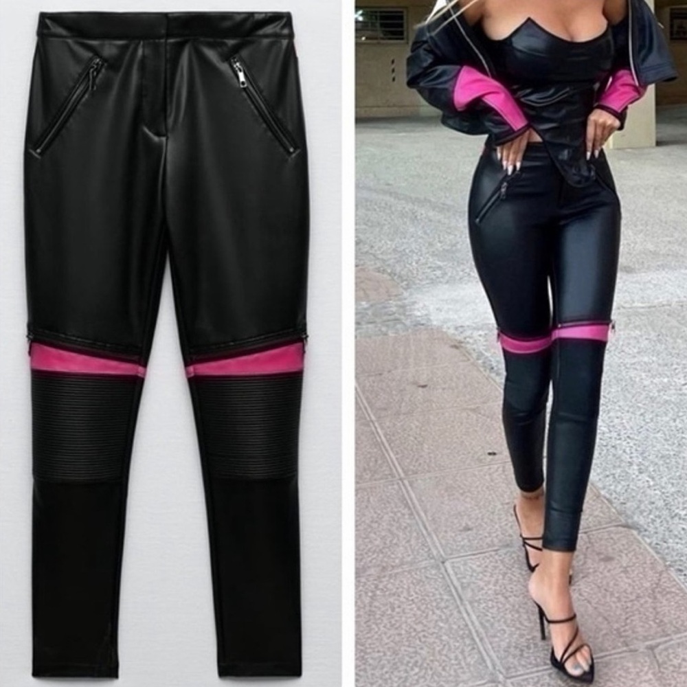 Zara Faux Leather Moto Pants Pink Stripe XS